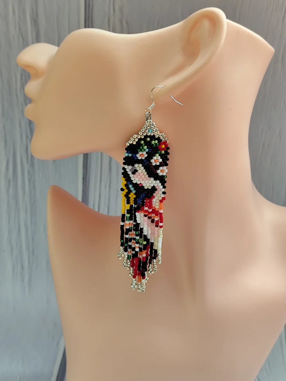 Handmade Multicolor Beaded Fringe Earrings — Bird Motif